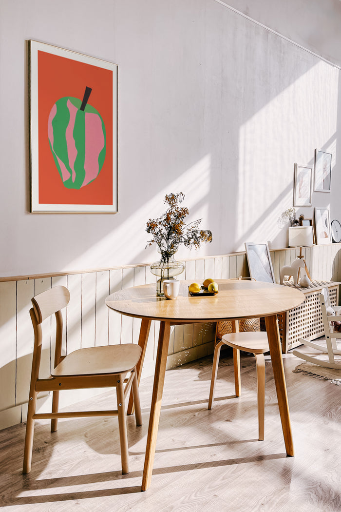 Abstract apple poster in modern interior setting with Scandinavian furniture and warm sunlight