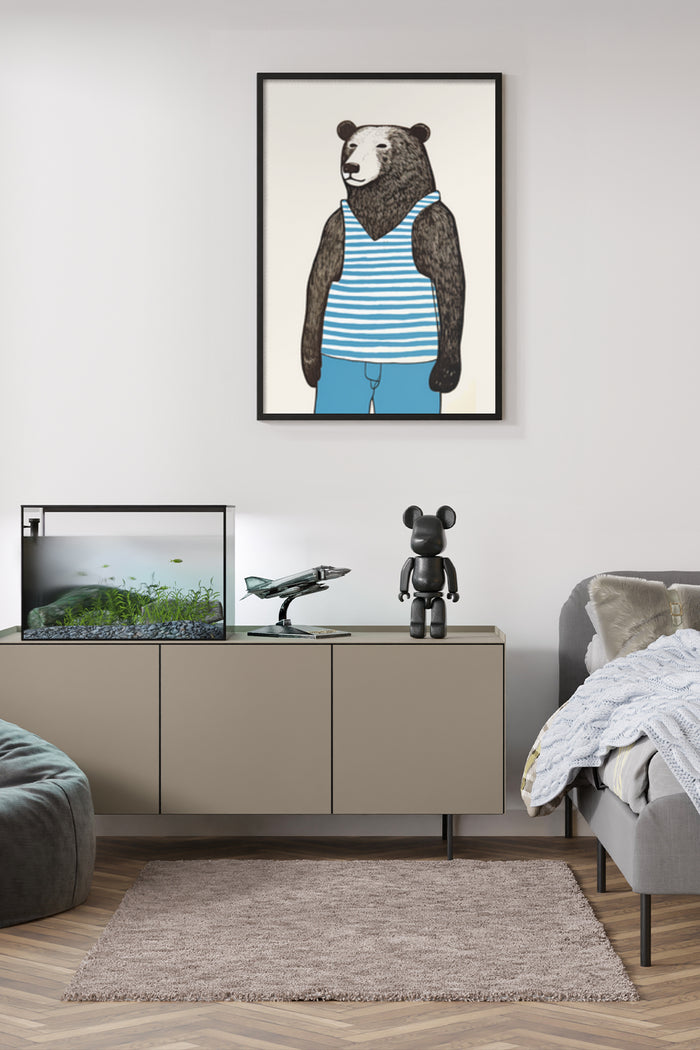 Contemporary artwork of a bear wearing a striped tank top hanging on a wall in a stylish living room