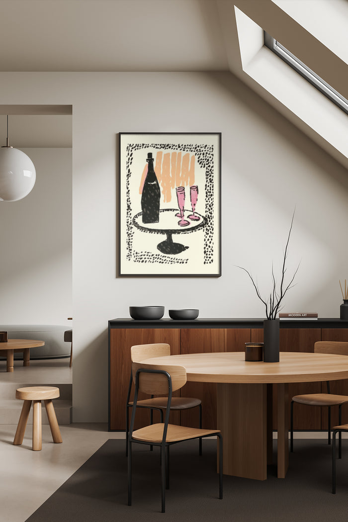 Modern art poster with abstract depiction of a bottle and glasses in a minimalist dining room setting