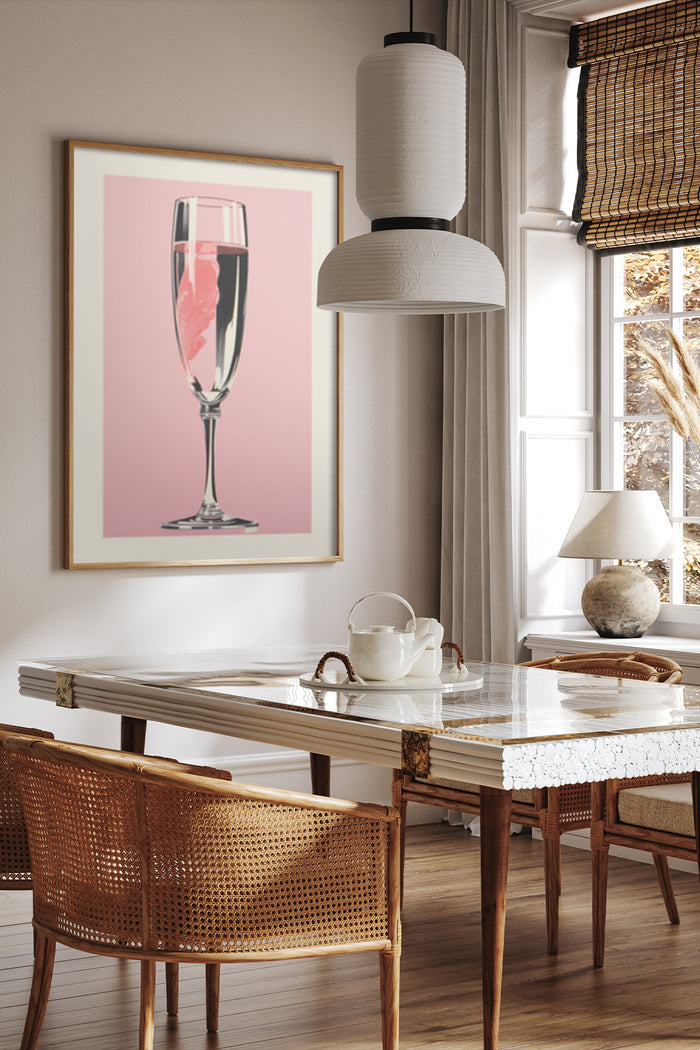 Elegant modern art poster featuring a champagne glass with a pink background in a stylish interior