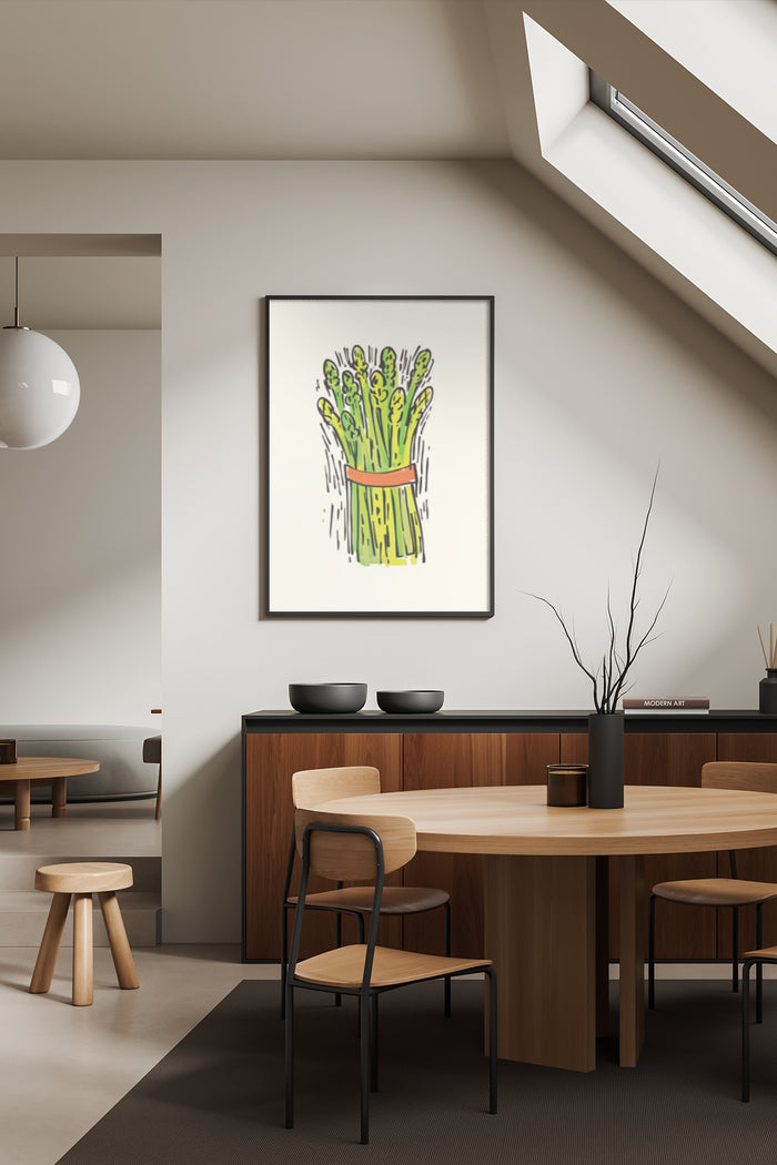 Abstract modern art poster with green plants in a vase illustration for contemporary interior design