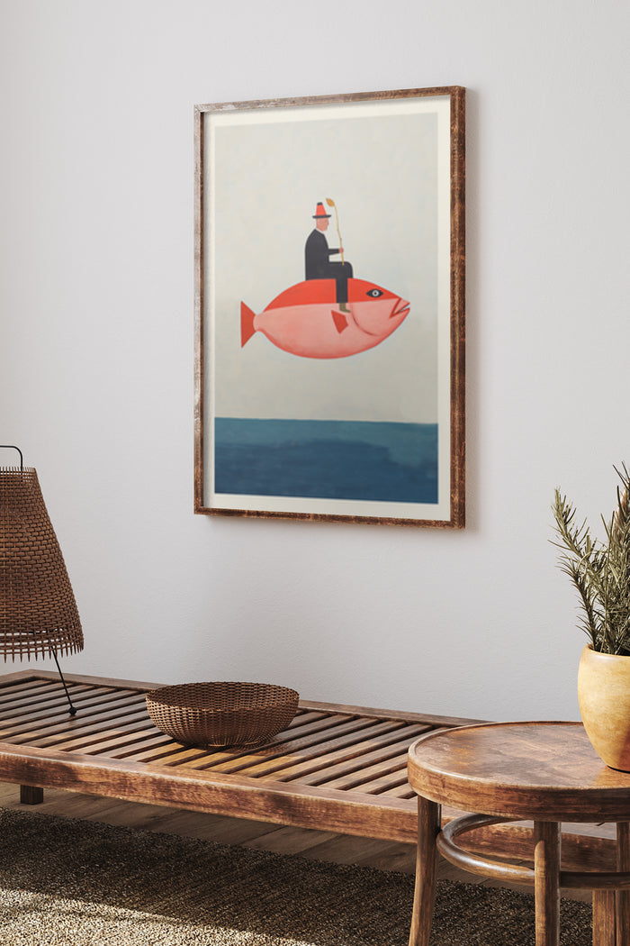 Modern art-style poster of a man sitting on a giant pink fish above the ocean