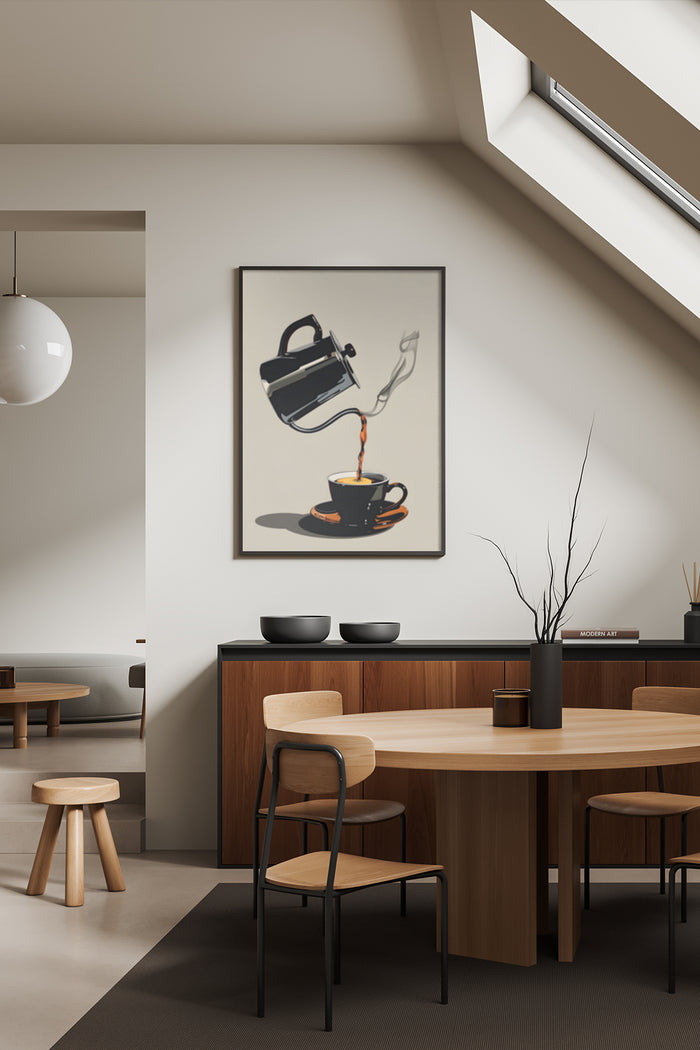 Contemporary art poster depicting a stylized coffee pot pouring coffee into a cup in a modern dining room