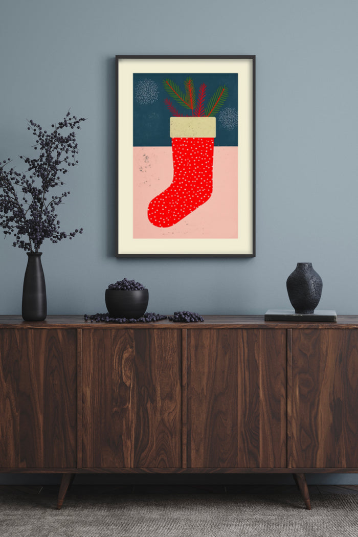 Modern art poster featuring a red polka dot stocking with green foliage in a minimalist style room