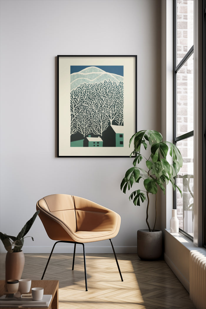Stylized modern art poster of trees and houses on a wall in a contemporary interior setting