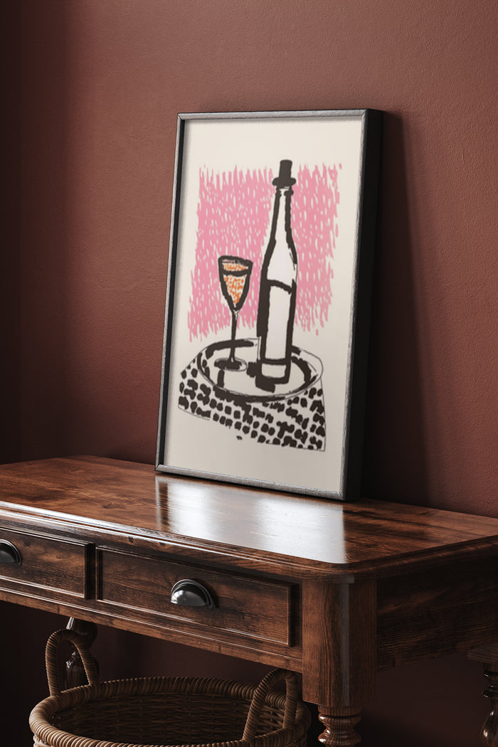 Modern art poster featuring a stylized drawing of a wine bottle and glass on table