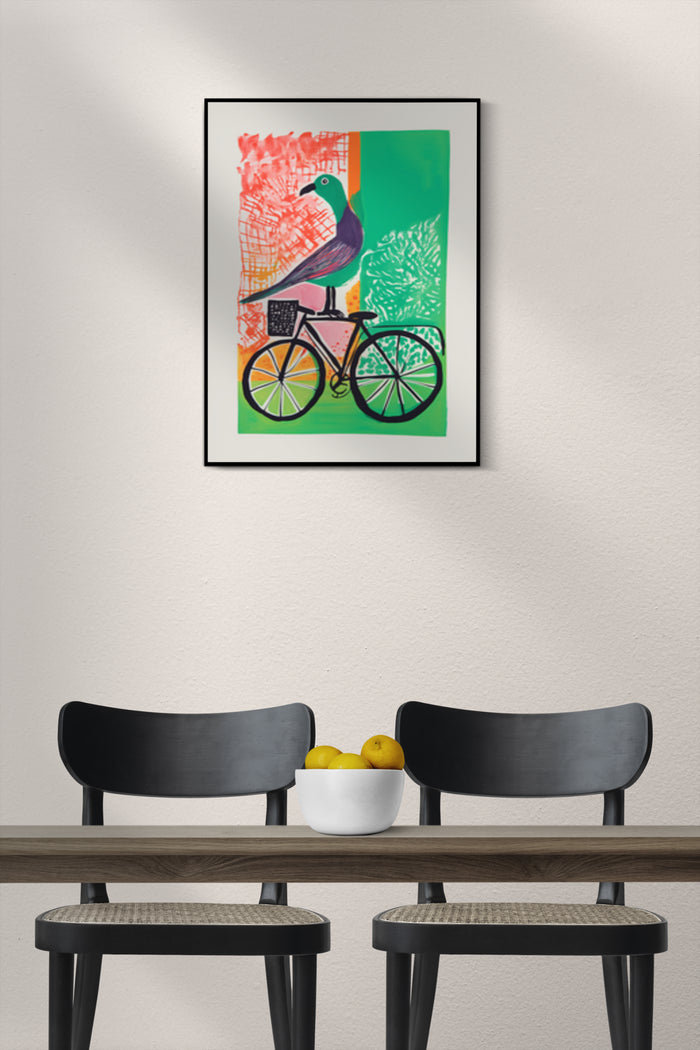 Abstract modern art poster featuring a stylized bird sitting on a bicycle against a colorful backdrop, displayed in a chic interior setting