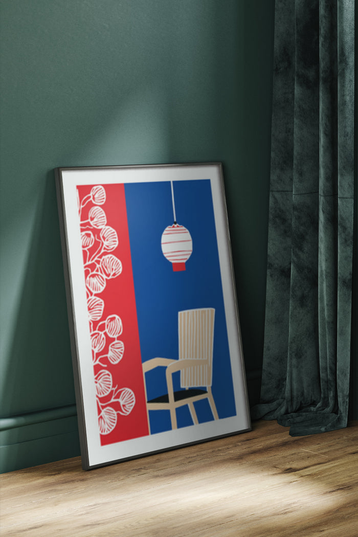 Contemporary poster artwork with abstract chair and paper lantern in a red and blue color scheme framed on a wall