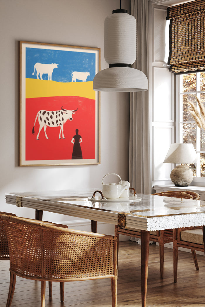 Contemporary art poster featuring cows and a human silhouette in vibrant colors displayed in a stylish dining room setting