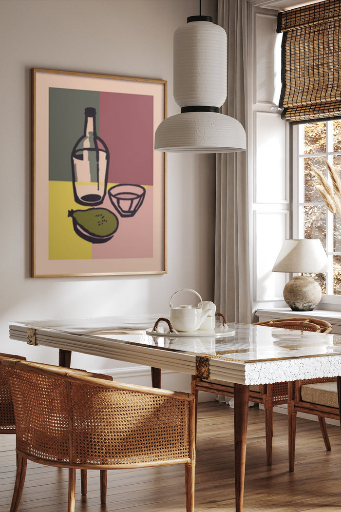 Contemporary dining room interior with colorful modern art poster depicting wine bottle, wine glass, and fruit