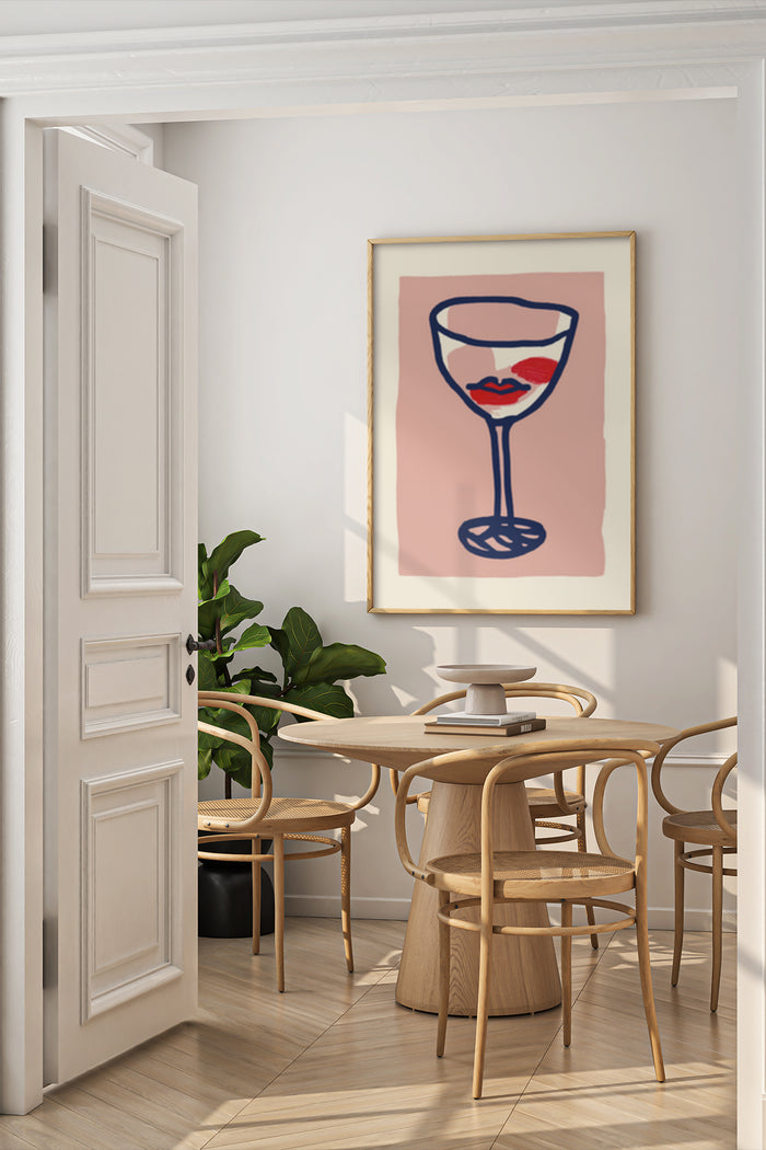 Abstract modern art poster featuring a wine glass with red lips on pink backdrop in a contemporary dining room interior