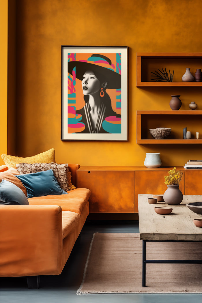Contemporary art poster featuring a stylized portrait of a woman with a hat in a vibrant modern interior setting