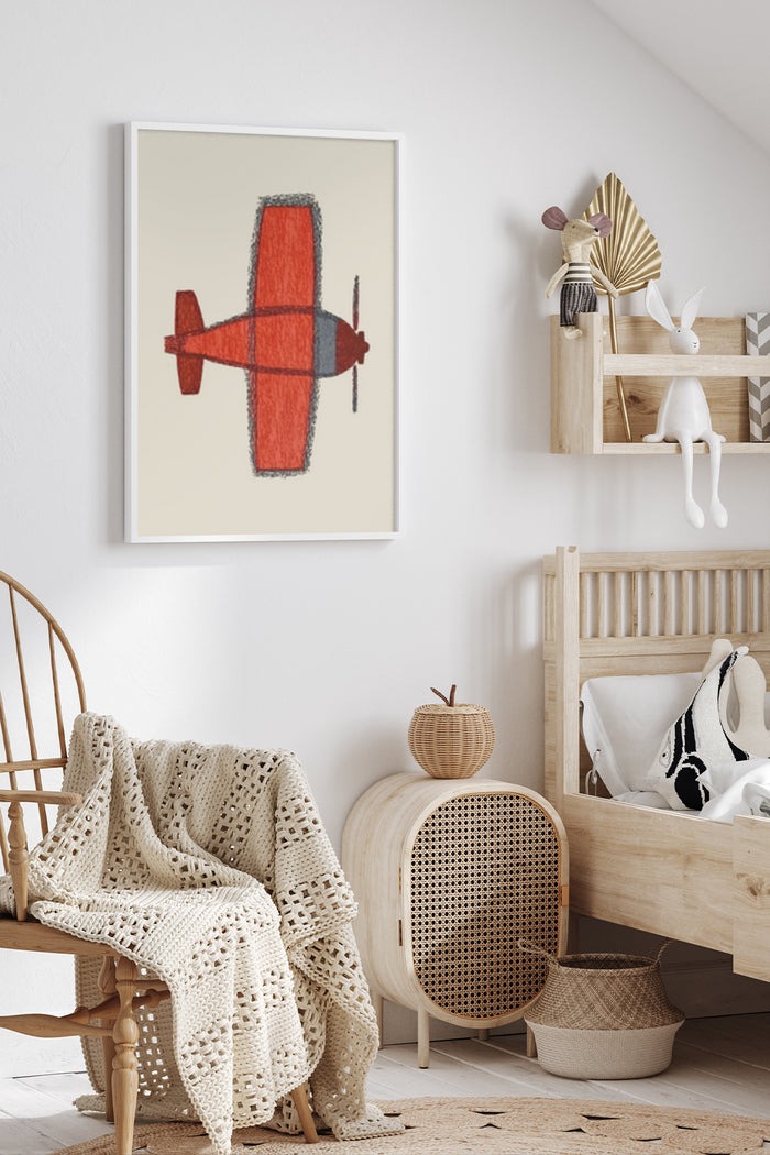 Modern art depiction of a red airplane, framed poster on a wall in a stylish home decor interior