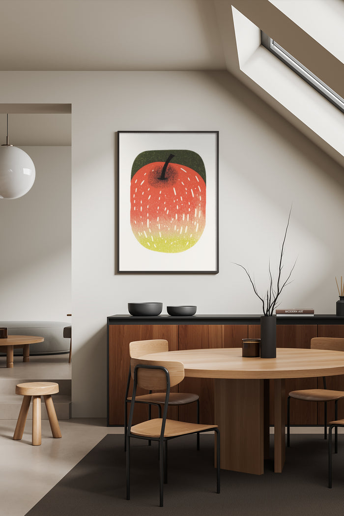 Stylish interior with modern art red apple painting poster on wall