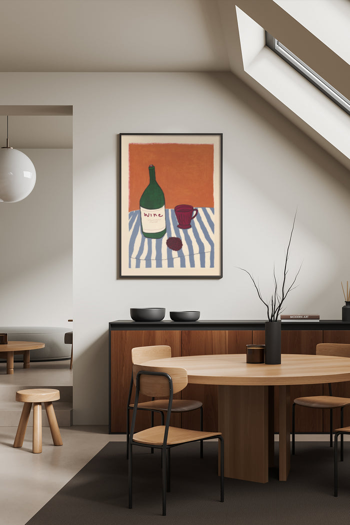 Contemporary dining room with a framed poster of a wine bottle and cup on striped tablecloth