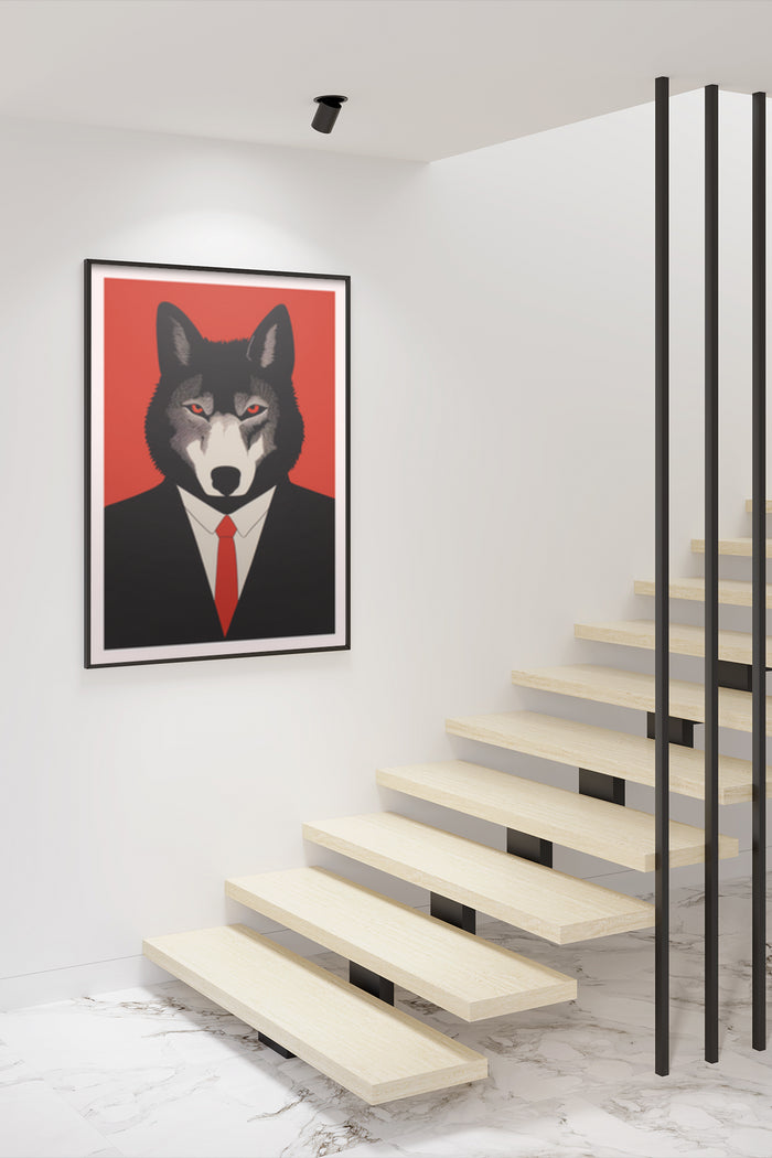 Contemporary Art Poster of a Wolf in a Suit on a Modern Home Staircase Wall
