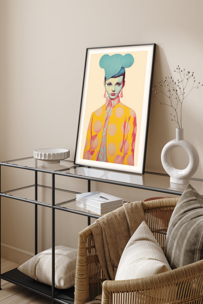 Stylish modern pop art poster featuring a female portrait with vibrant colors displayed in an elegant interior setting