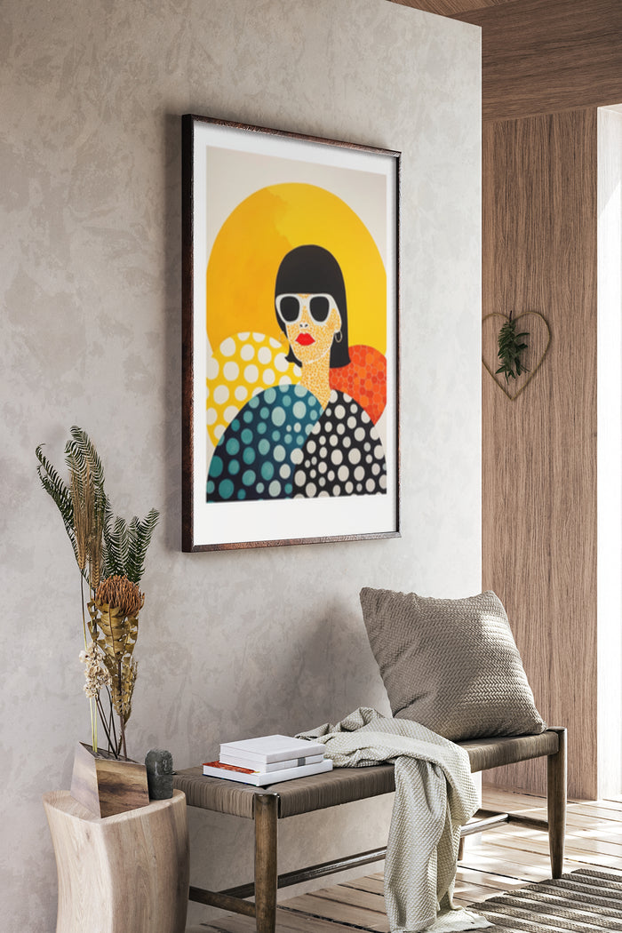 Modern Artistic Poster of a Stylized Woman with Sunglasses and Polka Dot Patterns in a Home Interior Setting
