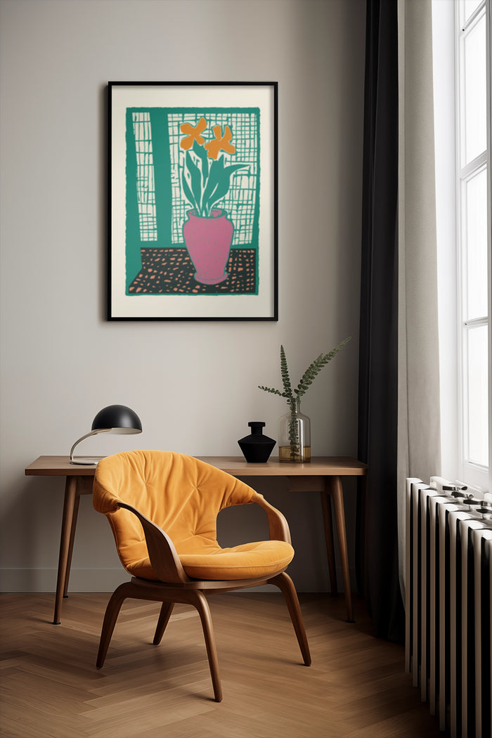 Contemporary artwork poster of flower pot print in stylish room with yellow chair and wooden desk