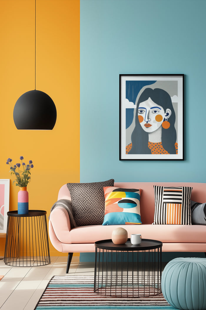 Modern artwork with female portrait in vibrant living room with pastel pink sofa and colorful decor