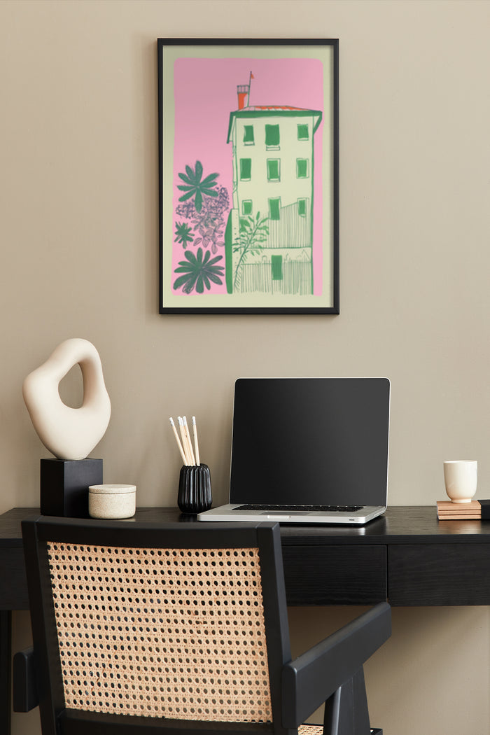 Modern home office with abstract building and plant poster on beige wall