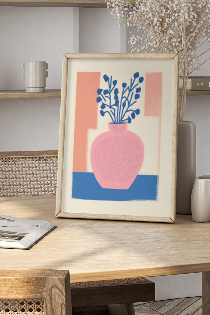 Modern framed poster with a stylized pink vase and blue leaves artwork in home decor setting