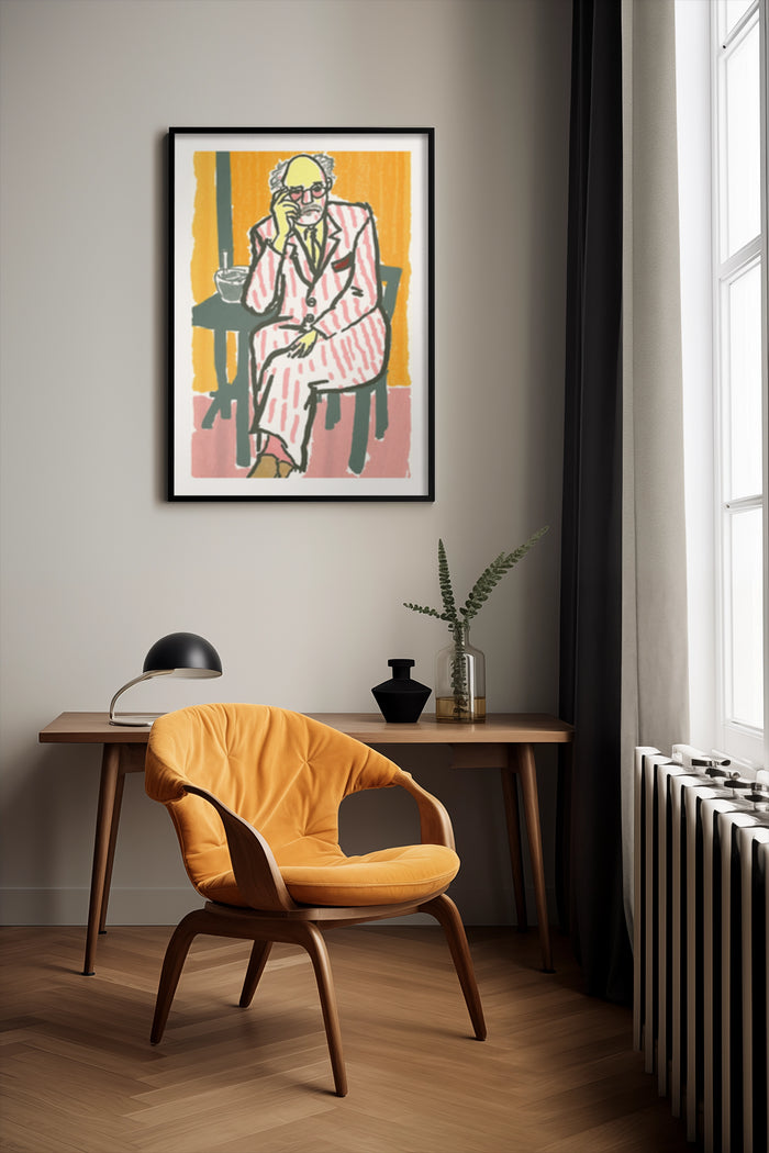 Colorful modern artwork of a businessman on the phone, framed poster on wall in a contemporary office interior with yellow chair