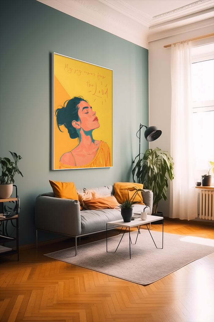 Contemporary living room with a bright yellow poster featuring artwork of a woman and the text 'My joy comes from the Lord'