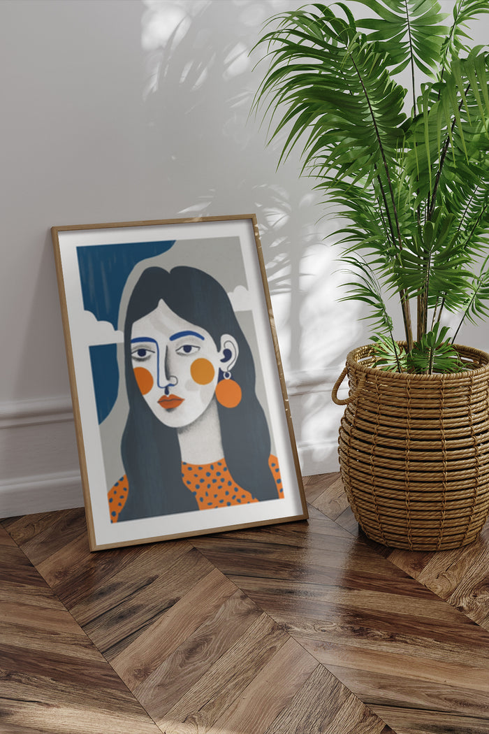 Modern abstract female portrait poster with blue and orange elements in home decor setting