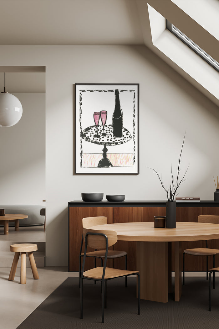 Black and white modern artwork featuring a champagne bottle and two flutes on a decorative table, displayed in a contemporary dining room setting