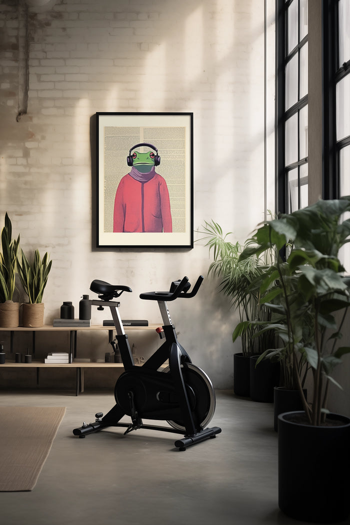 Stylish interior home gym with a modern artwork poster of a character in red wearing headphones