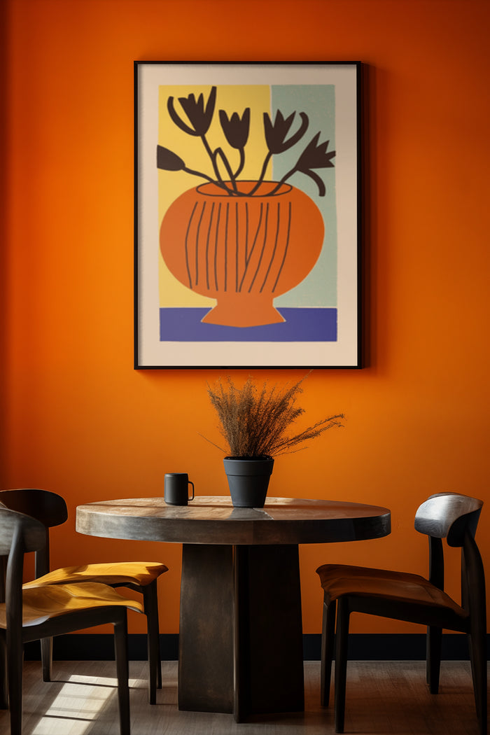 Abstract modern artwork of a vase with flowers poster in an orange dining room with round table and designer chairs