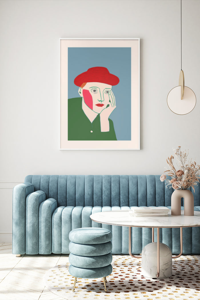 Contemporary portrait poster with person wearing red beret displayed in stylish living room interior