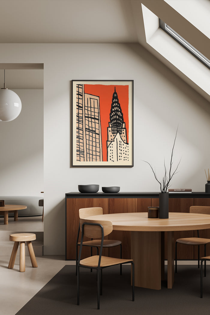 Stylish modern artwork of a geometric skyscraper in a contemporary dining room setting