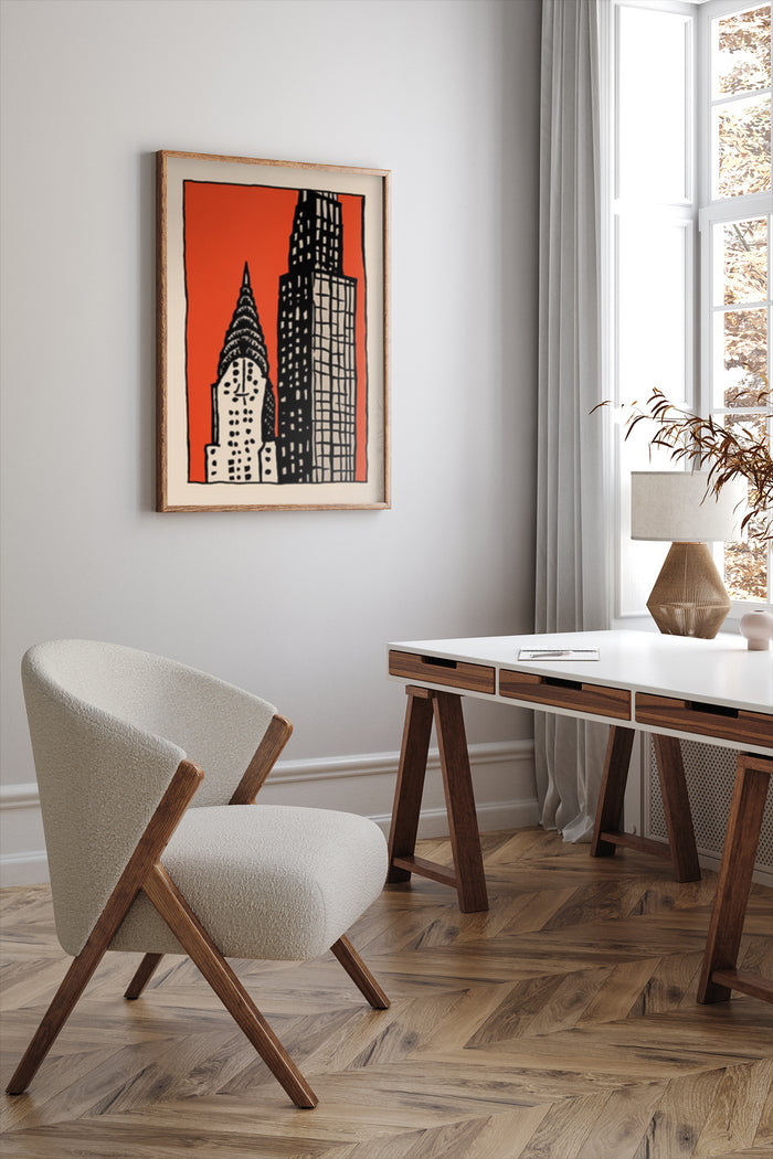 Contemporary painting of skyscrapers with bright orange background on wall in stylish room with wooden chair and desk