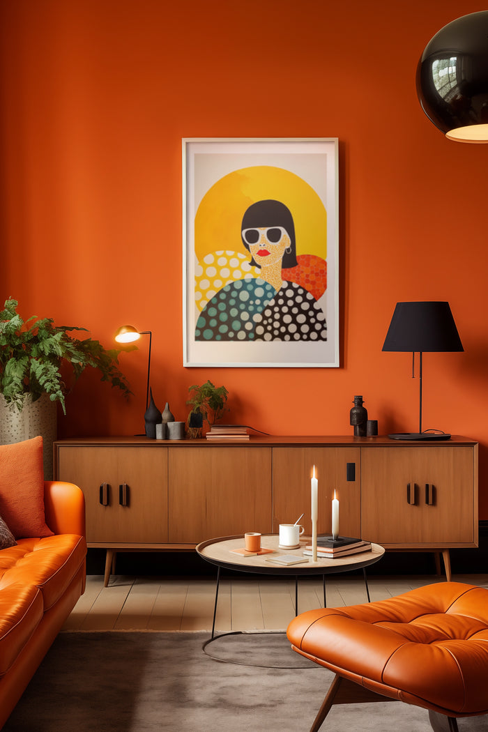 Stylish modern artwork poster featuring a woman with sunglasses and geometric shapes on a wall in a contemporary living room with orange decor