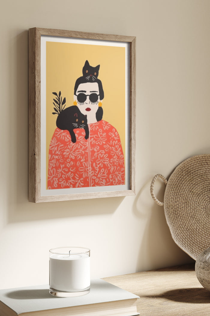 Stylish modern artwork of a woman with two cats with a floral pattern background in a wooden frame