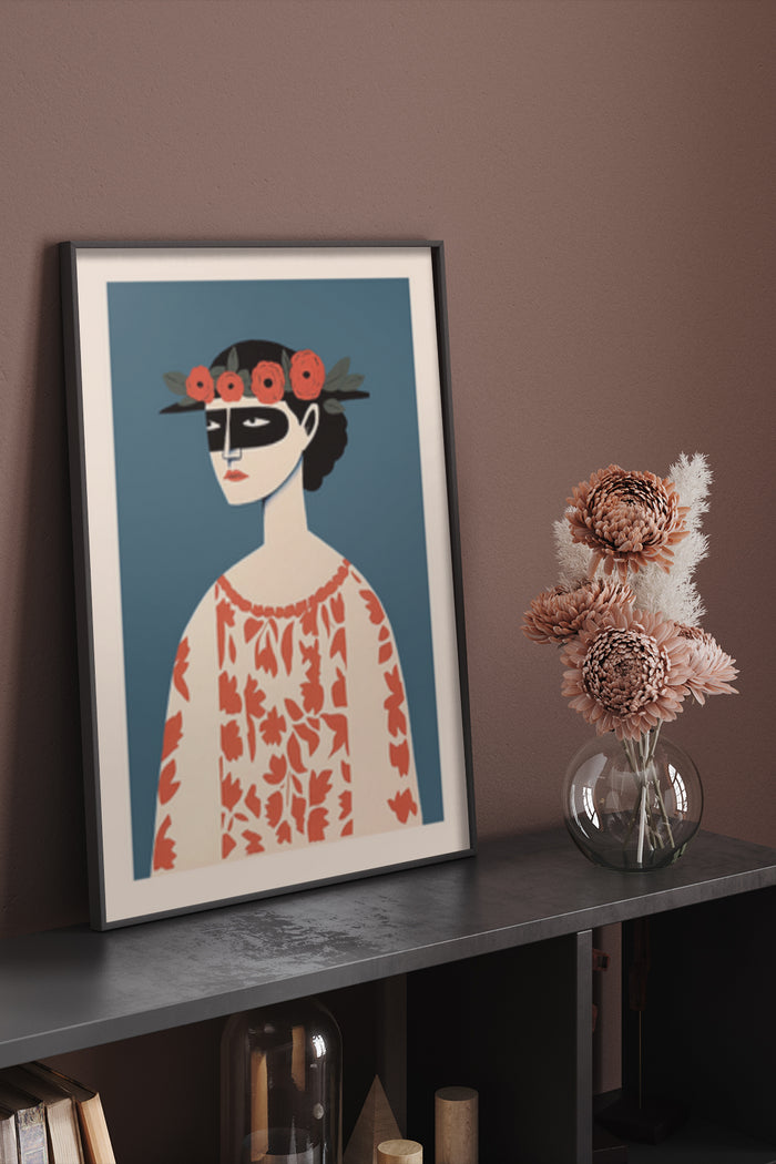 Stylized modern art poster featuring a woman with a mask and red flower crown