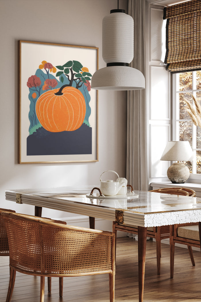 Contemporary orange pumpkin artwork with colorful foliage displayed in a stylish dining room setting
