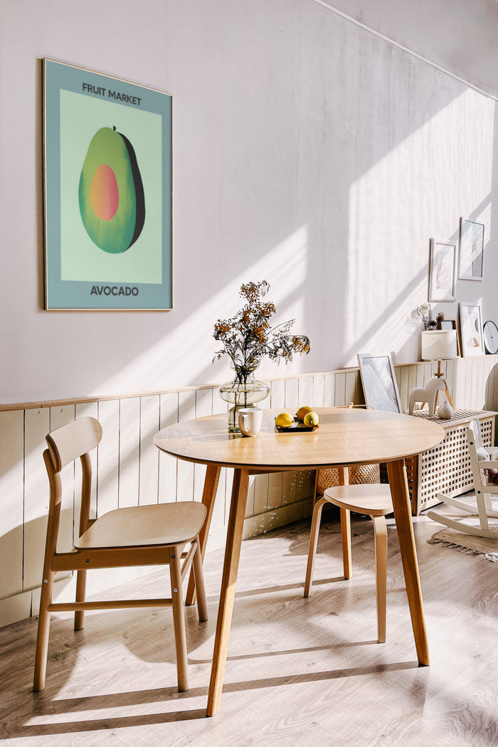 Stylish avocado fruit market poster in a sunlit modern dining room