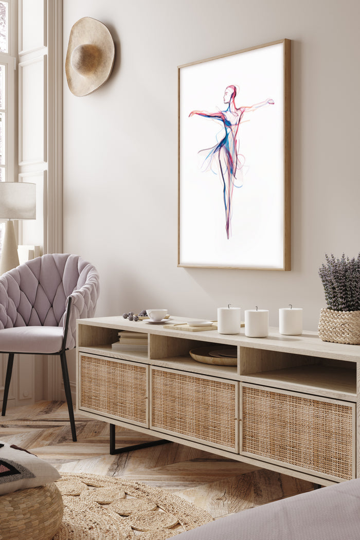 Contemporary ballet dancer painting on canvas elegantly displayed in a stylish living room interior design