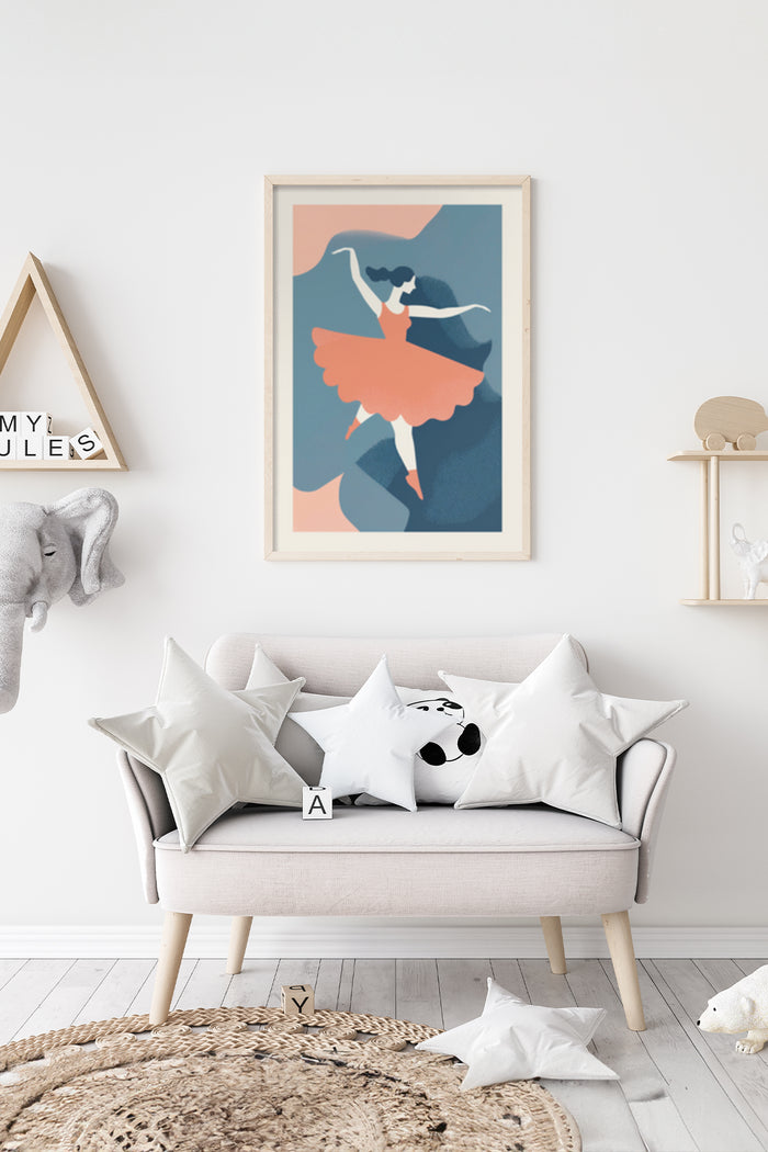 A colorful modern ballet dancer poster framed and mounted on wall in contemporary living room