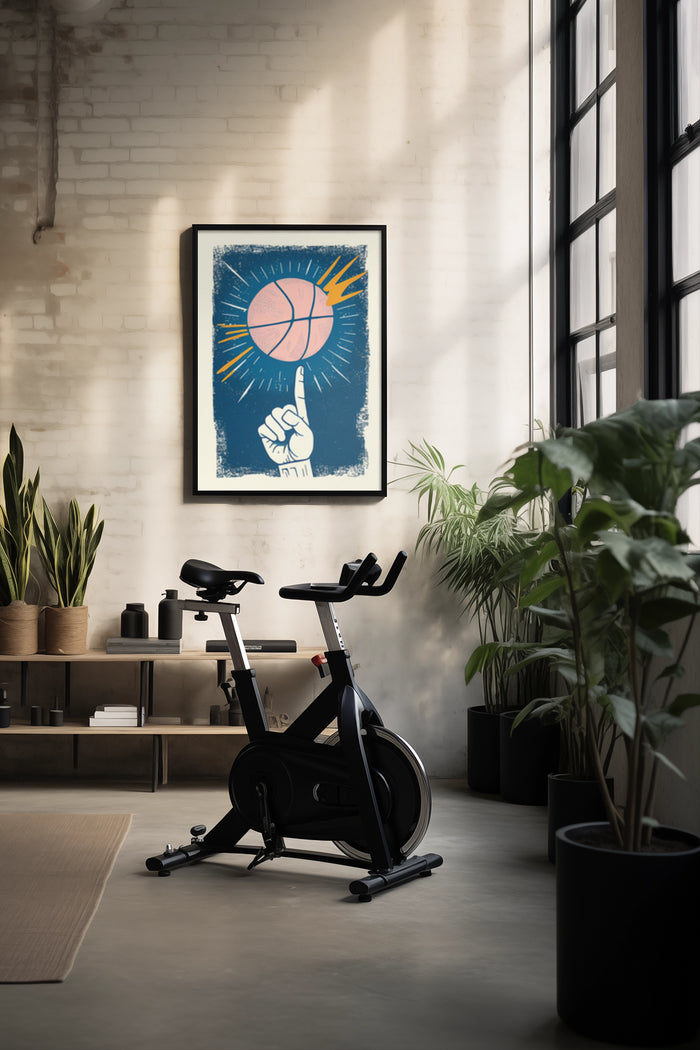 Contemporary basketball illustration poster framed on a wall in a home gym with exercise bike and potted plants