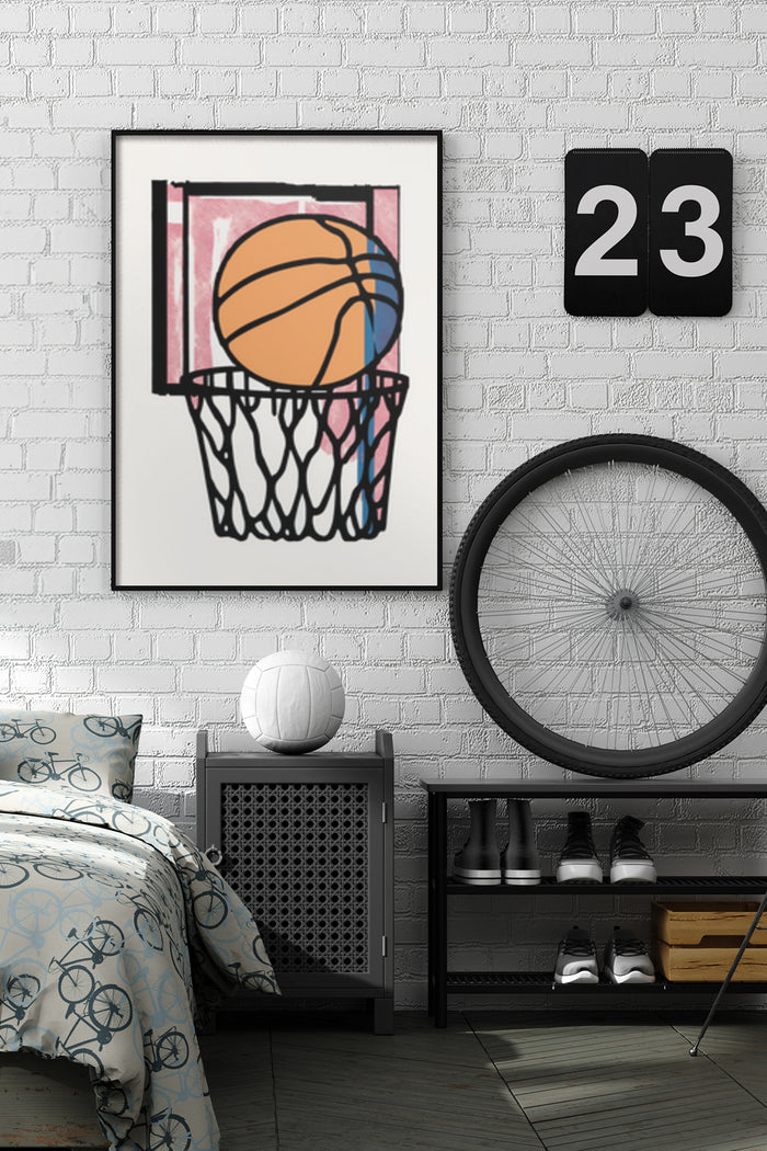 Modern Basketball Artwork Poster in Stylish Bedroom Interior