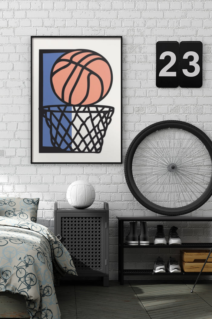 Contemporary basketball and hoop graphic poster on bedroom wall