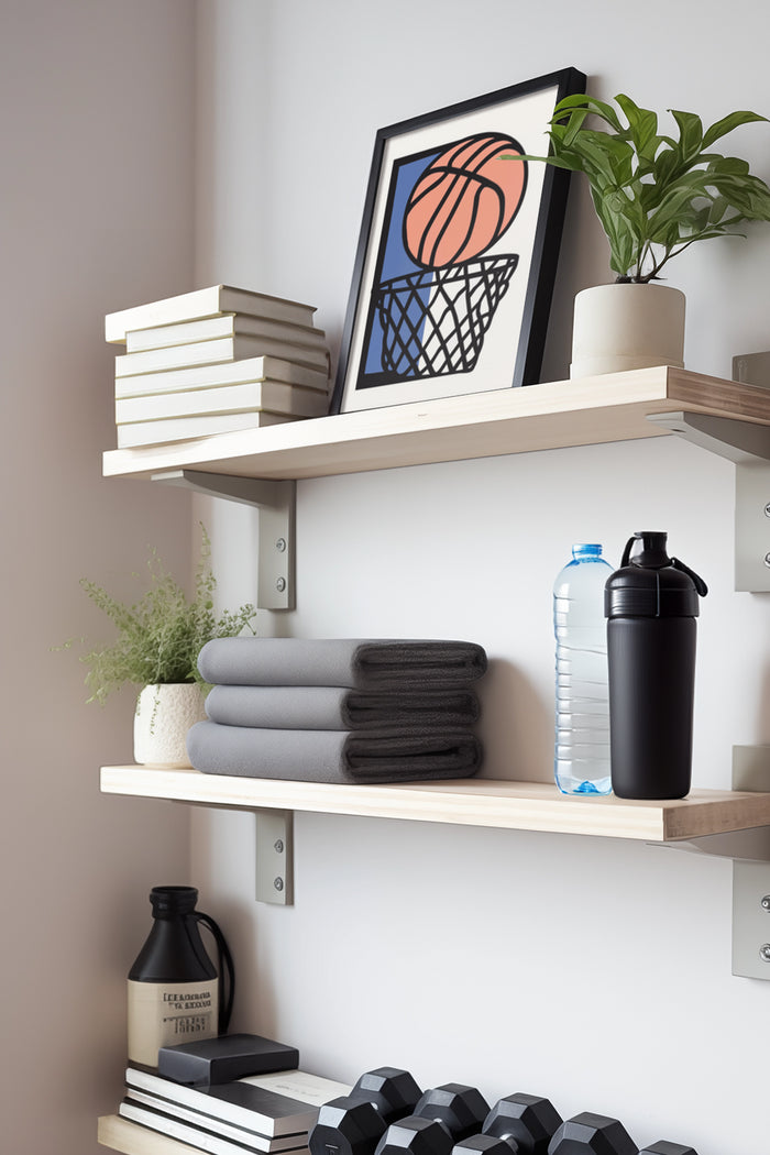 Stylish basketball poster in a modern home decor setting placed on a shelf with plant and gym equipment