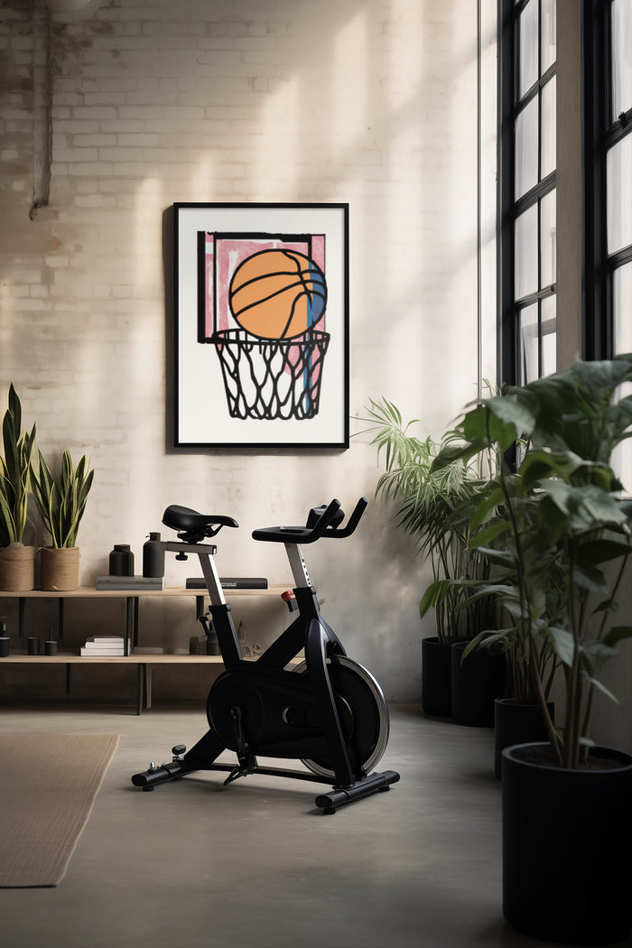 Stylish interior with basketball hoop artwork poster, exercise bike, and indoor plants
