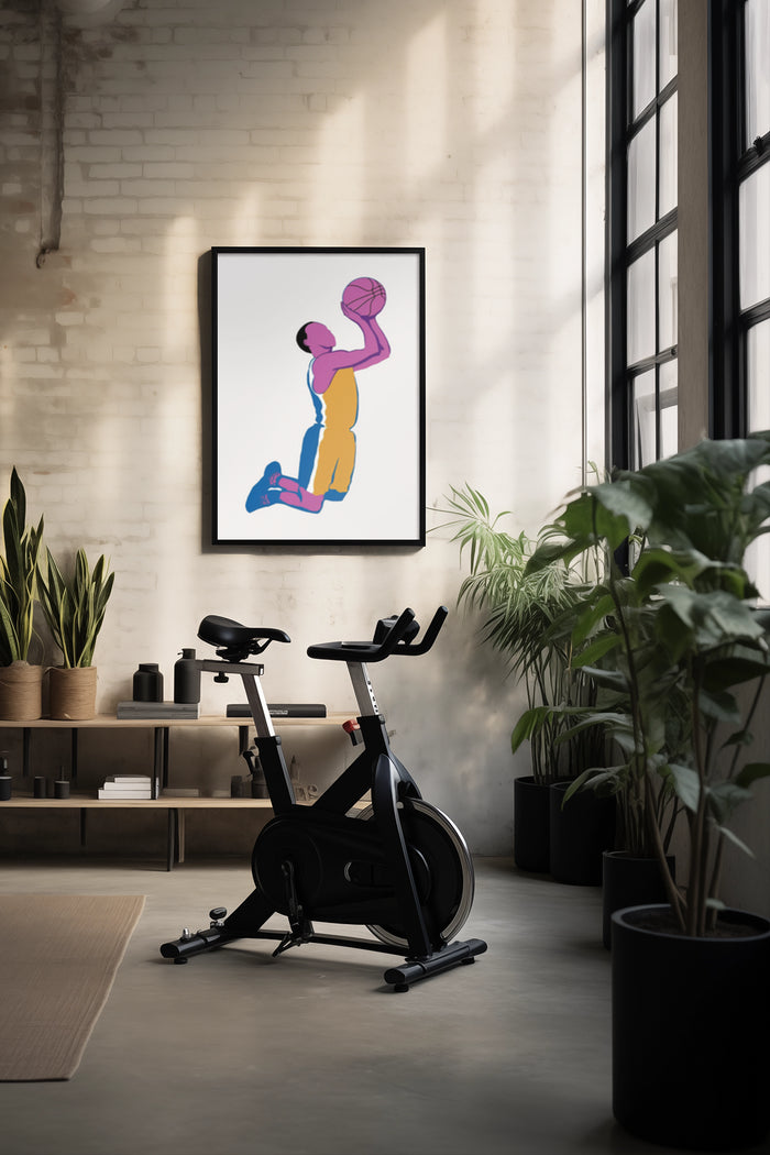 Stylized modern basketball player artwork poster in a contemporary home interior with stationary bike and plants