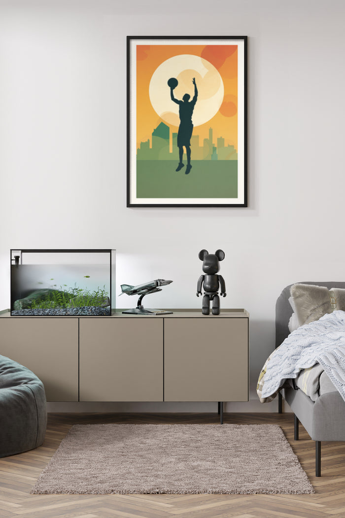 Modern basketball player silhouette poster in living room setting