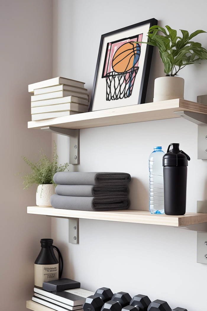 Stylish framed basketball poster in a modern home interior setting with plants and workout equipment
